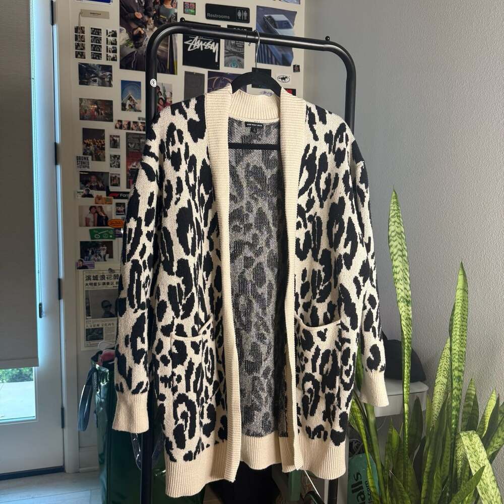 Who What Wear Leopard Print Cardigan Size L Black Cream Sweater